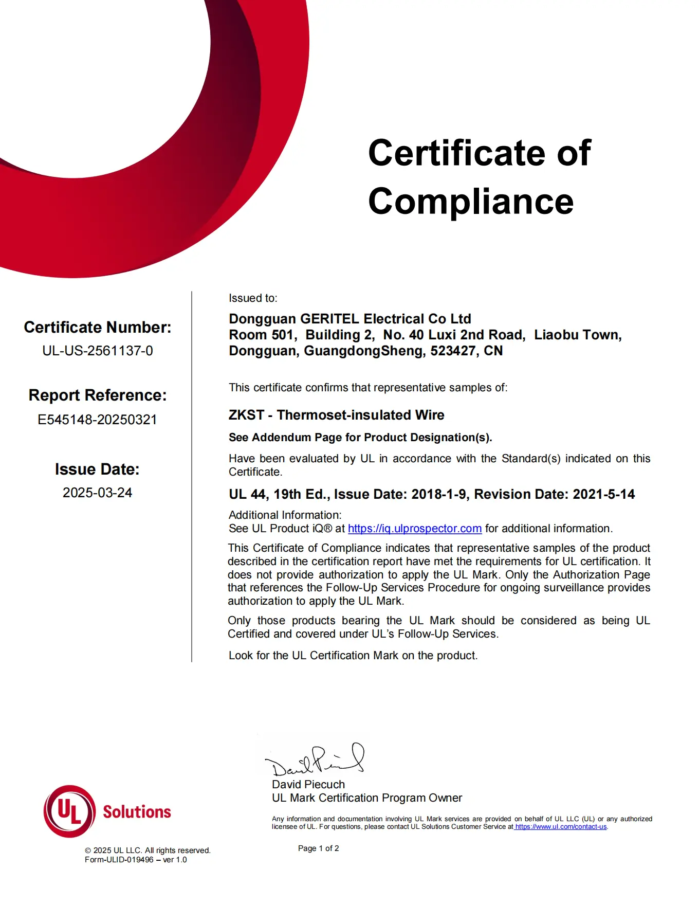 THW wire certification
