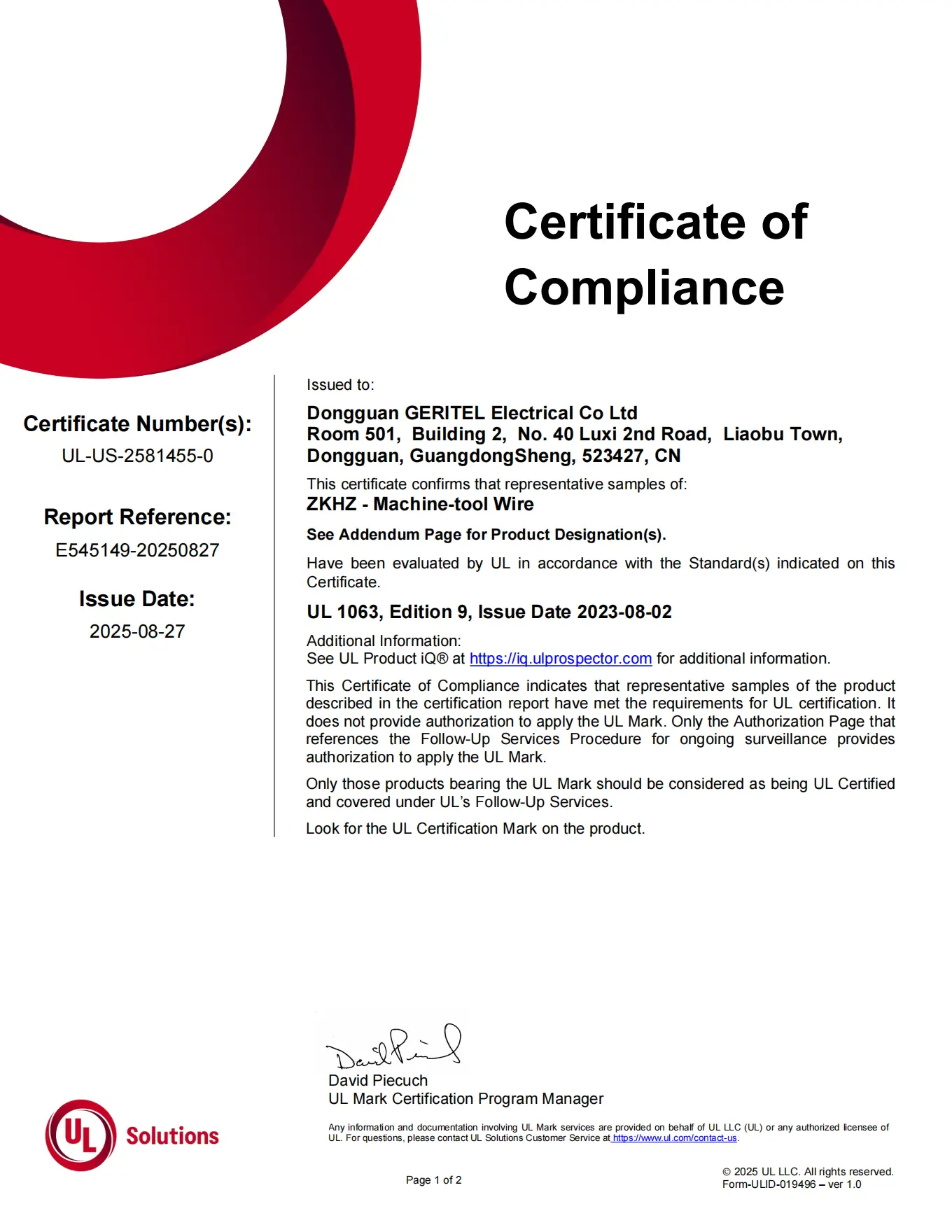 MTW wire certification