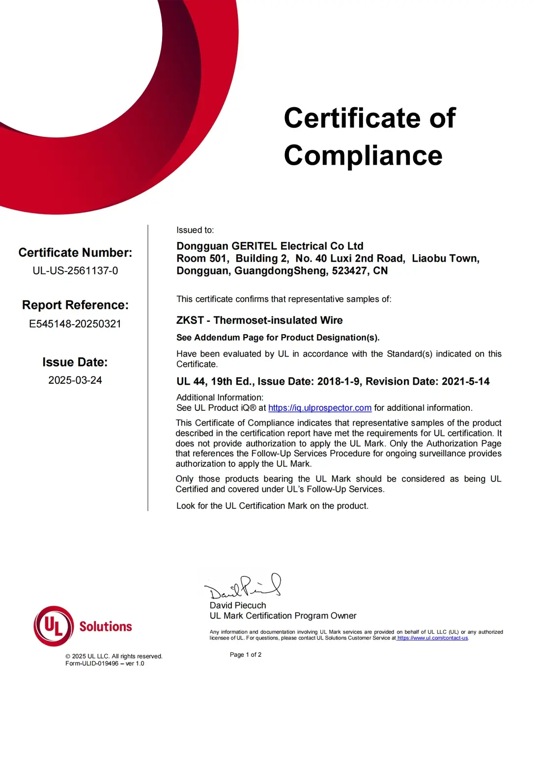 UL approval solar cable