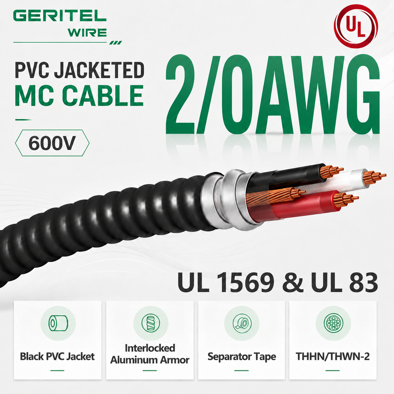 2/0AWG THHN Core PVC Jacketed Aluminum Armor MC Cable