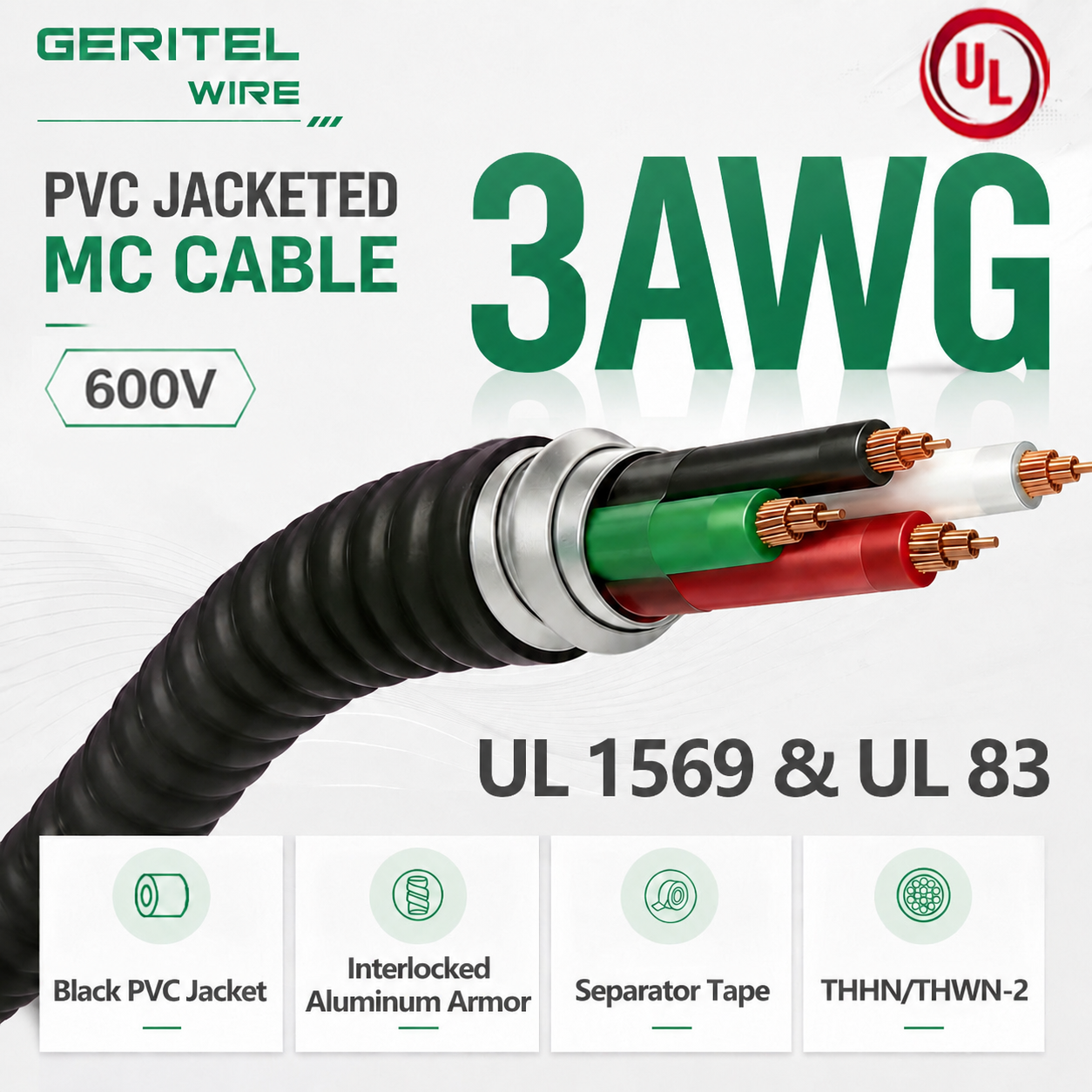 3AWG THHN CONDUCTORS MC CABLE: SUNLIGHT RESISTANT FOR ROOFTOP HVAC FEEDER WIRING