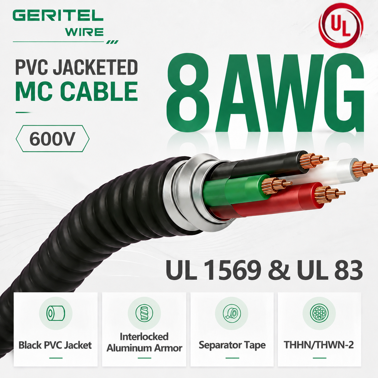 8AWG THHN/THWN-2 UV Resistant MC Cable Solid Copper Conductor