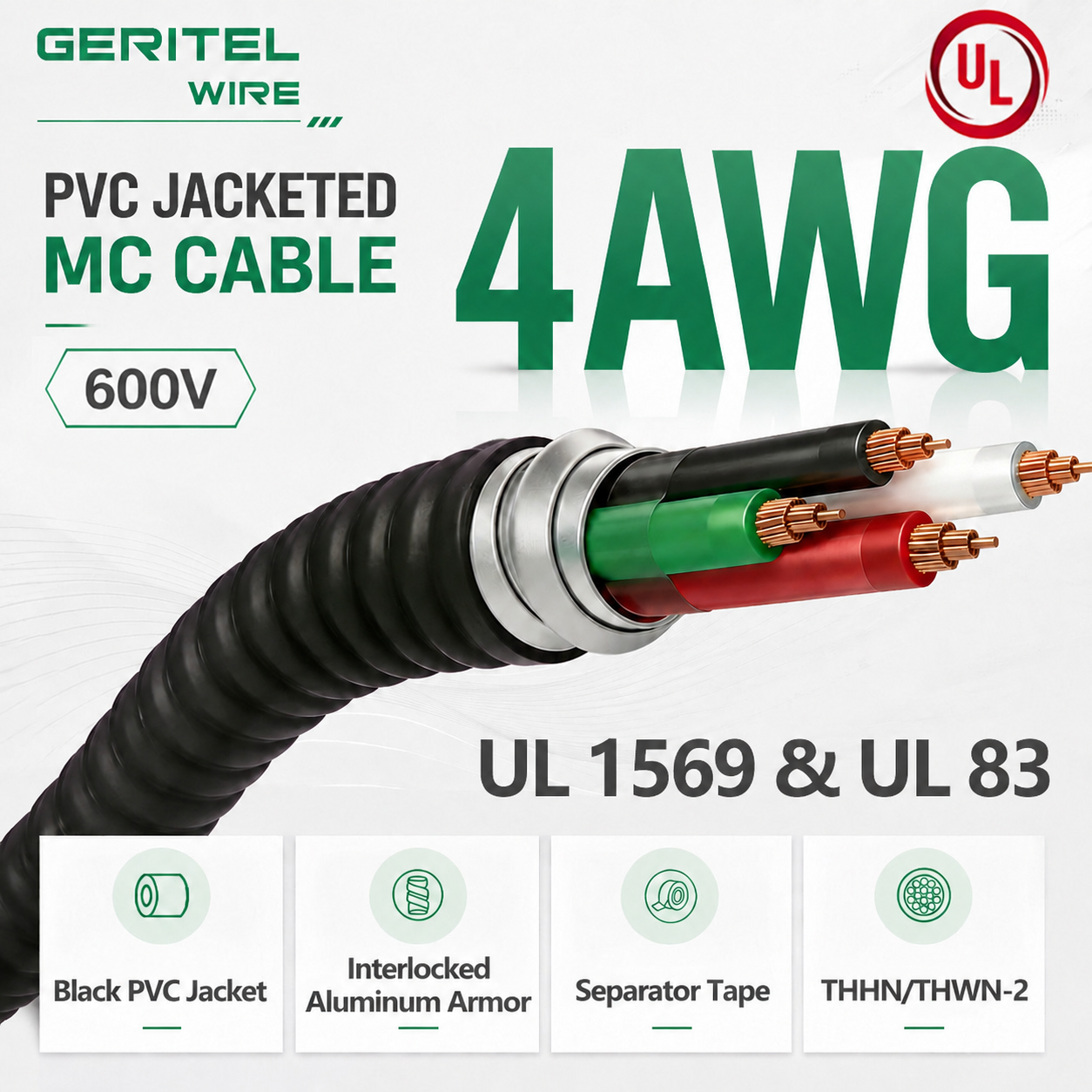 4AWG THHN COPPER CORE OUTDOOR MC CABLE FOR OUTDOOR PARKING LOT LIGHTING CIRCUIT WIRING