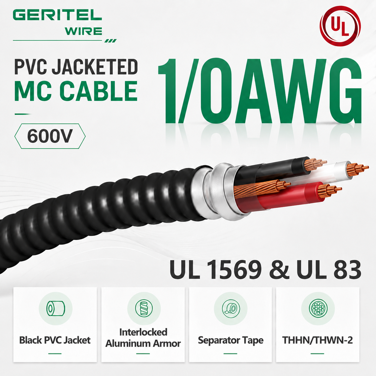 600V 1/0 AWG THHN/THWN-2 PVC Jacketed Aluminum Armored MC Cable