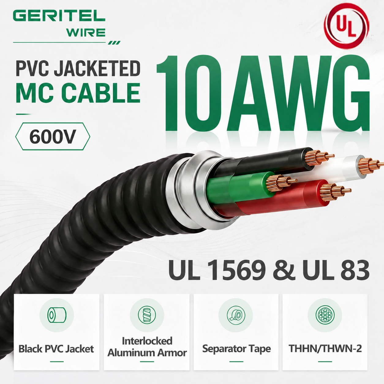 10 Gauge THHN/THWN-2 Outdoor MC Cable with PVC Jacket and Copper Conductor - UL Listed 600V Metal Clad Cable