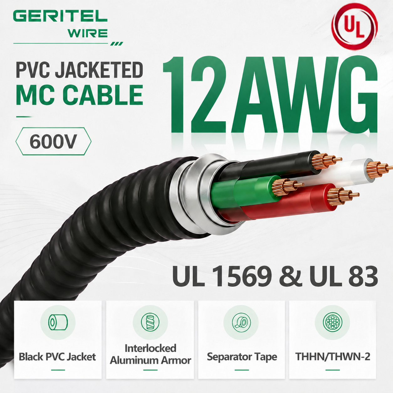 Type MC UL1569 12AWG Electrical Cable with THHN/THWN-2 Copper Conductors, Building Construction Power Cable