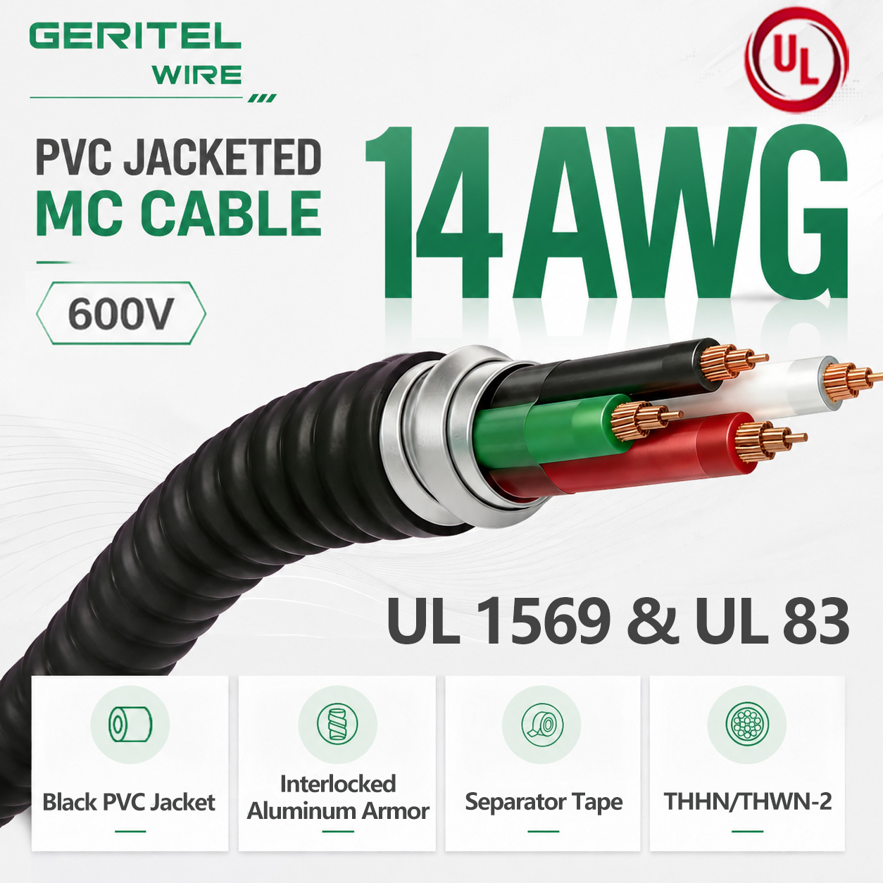 14AWG Flame Retardant THHN/THWN-2 MC Cable, Solid Copper Conductor, Fire-Proof Metal Clad Wire 600V