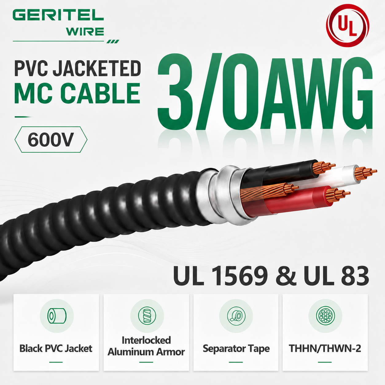3/0AWG THHN/THWN-2 Aluminum Armor PVC Jacketed 600V MC Cable