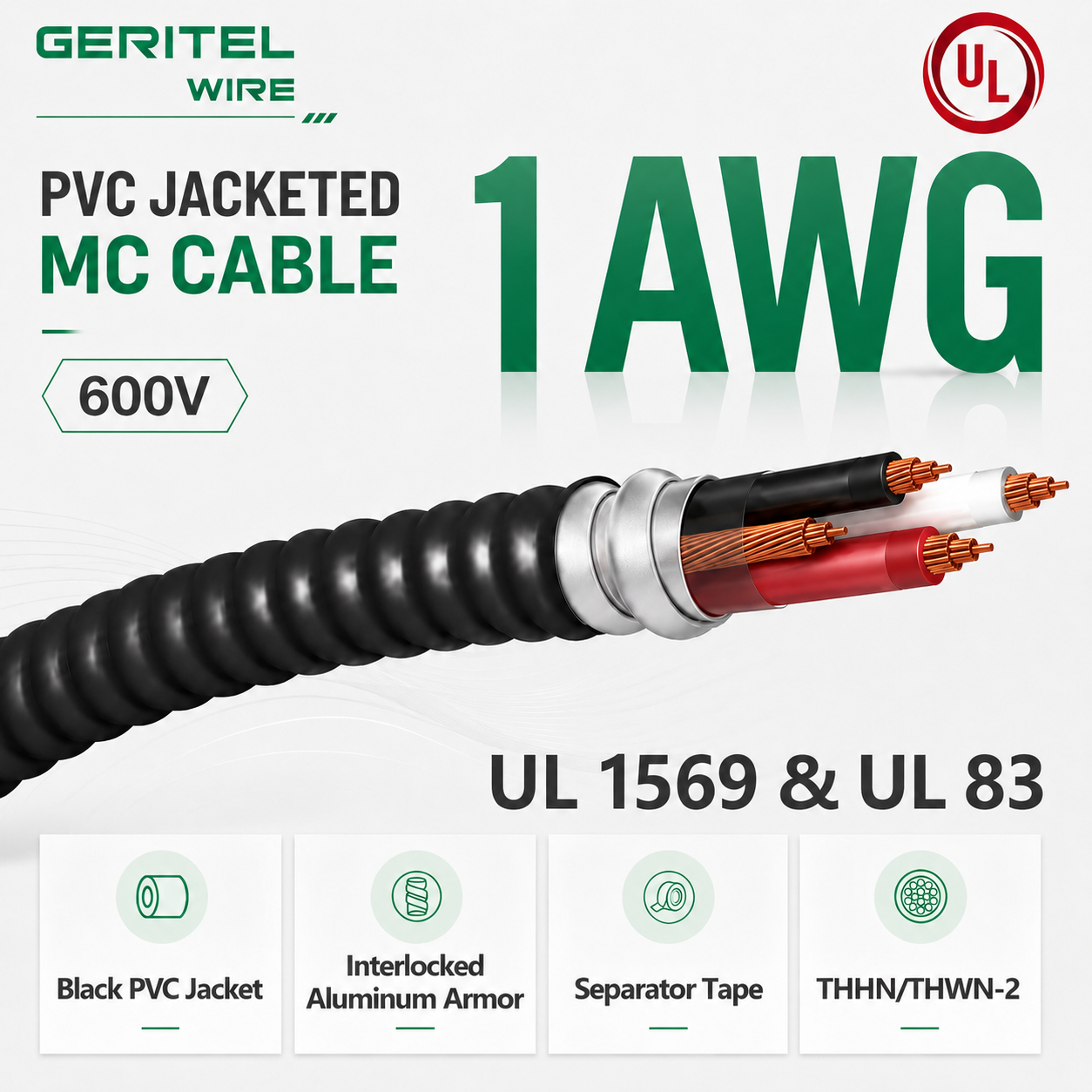 600V 1AWG THHN/THWN-2 Interlocked Aluminum Armor PVC Jacketed MC Cable UL1569 Certified