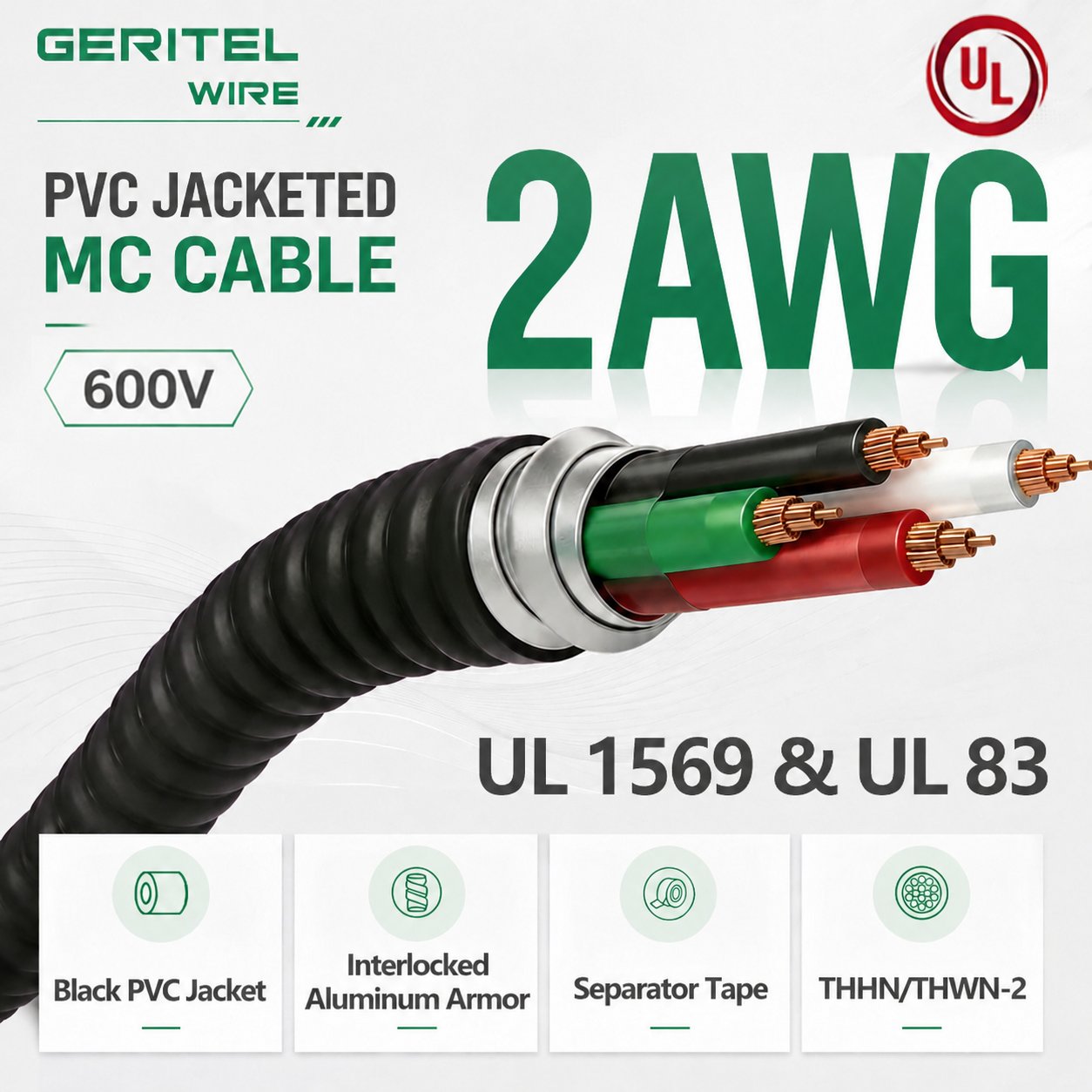 Sunlight Resistant 600V 2AWG THHN/THWN-2 Interlocked Aluminum Armored PVC Outer Jacketed MC Cable 
