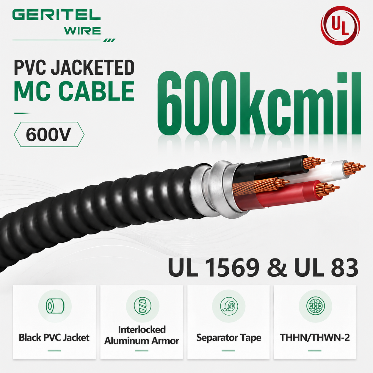 600 kcmil Copper Conductor THHN/THWN-2 PVC Jacketed Aluminum Armor MC Cable