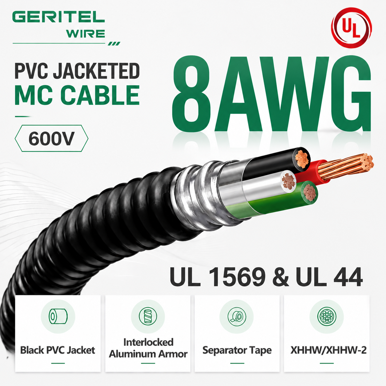 8AWG XHHW/XHHW-2 Aluminum Armored PVC Jacketed MC Cable for Light Equipment & Control Wiring