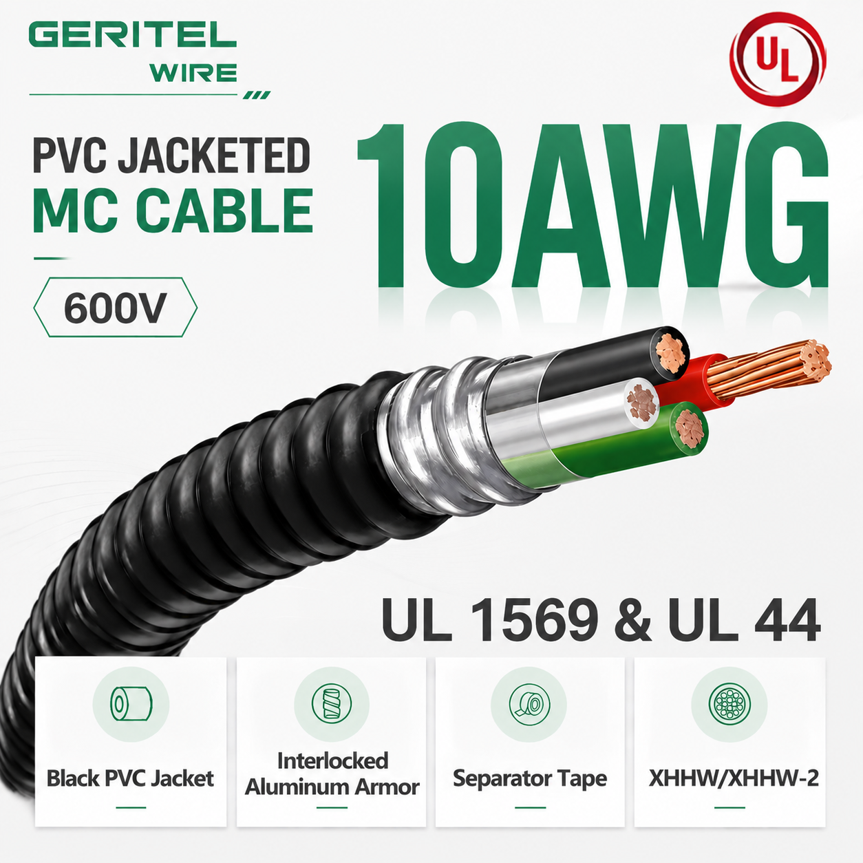PVC Jacketed AIA MC Cable :10AWG XHHW/XHHW-2 for Commercial Auxiliary & Control Wiring