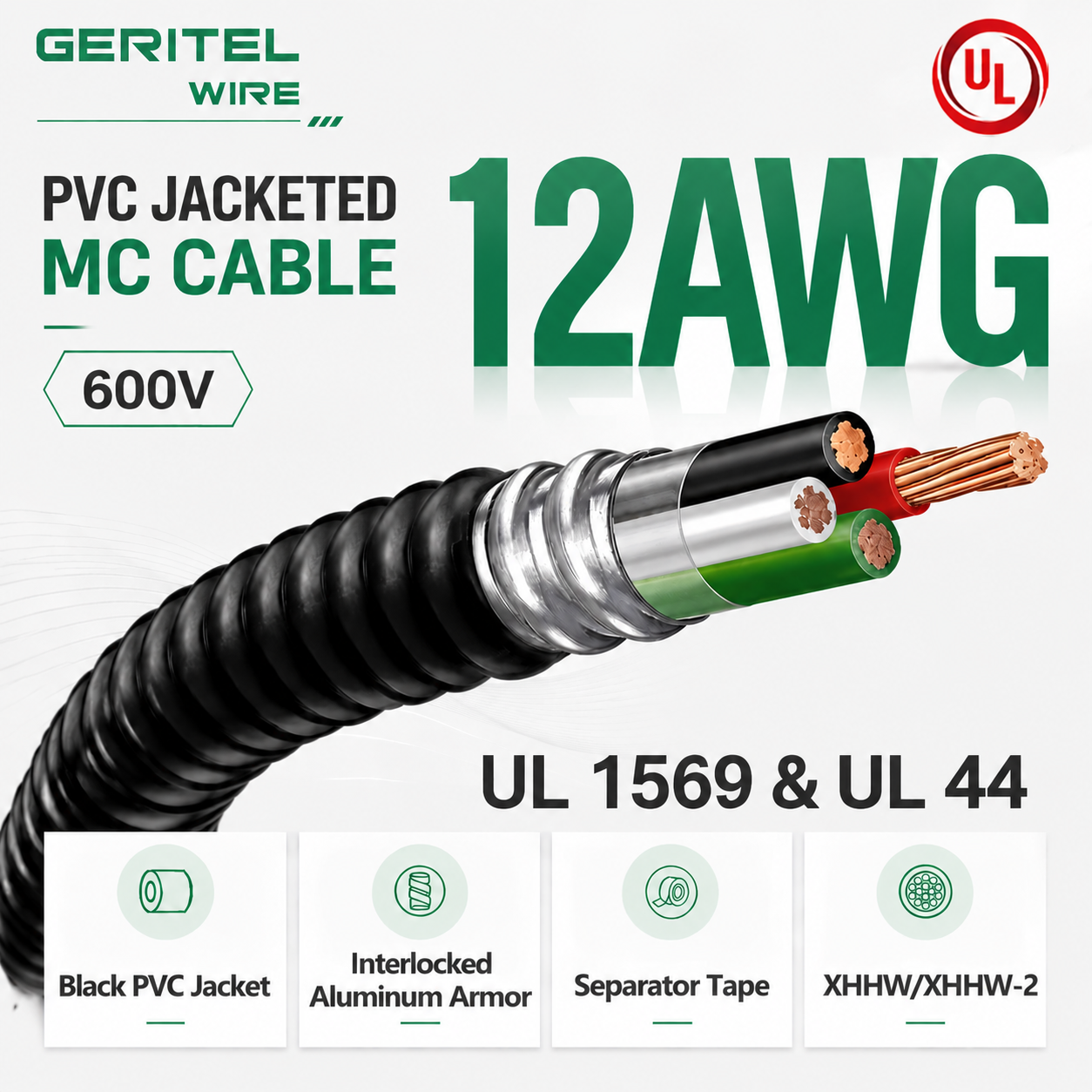 12AWG XHHW/XHHW-2 MC Cable with Interlocked Aluminum Armor & Heavy-Duty PVC Jacket
