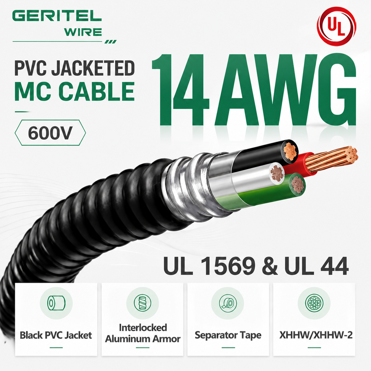 Lightweight Interlocked Armor 14AWG XHHW/XHHW-2 PVC Jacketed MC Cable for Home Fixture & Receptacle Wiring
