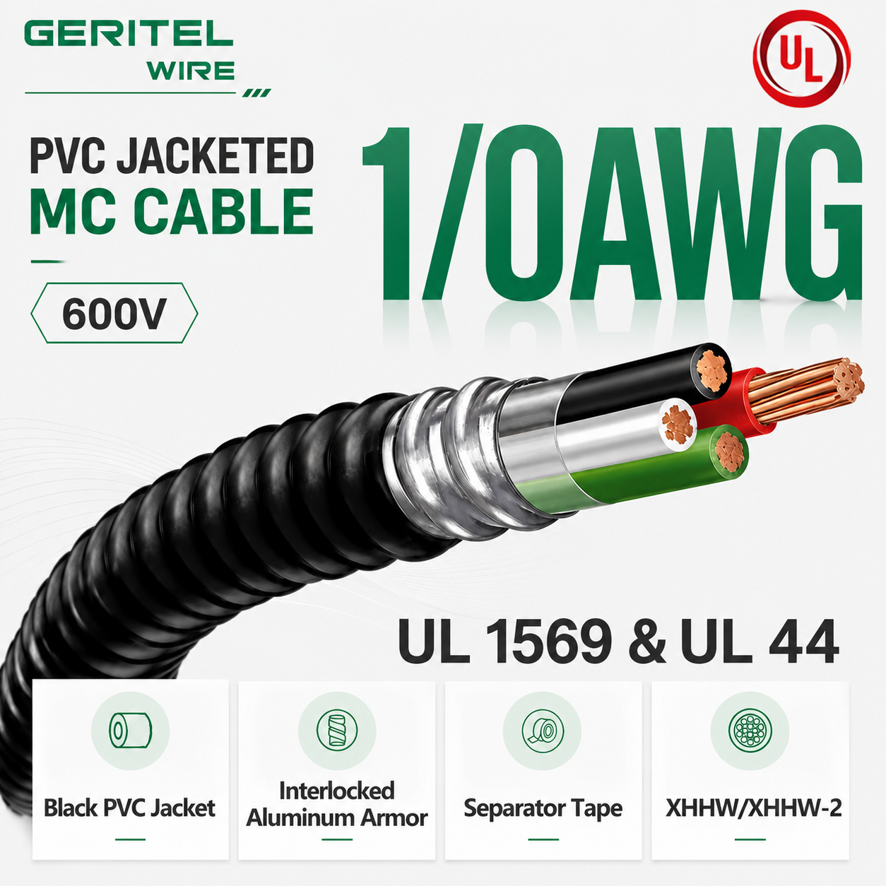 Flame Retardant Wire 1/0 AWG XHHW/XHHW-2 PVC Jacketed MC Cable for Industrial & Building Power Distribution