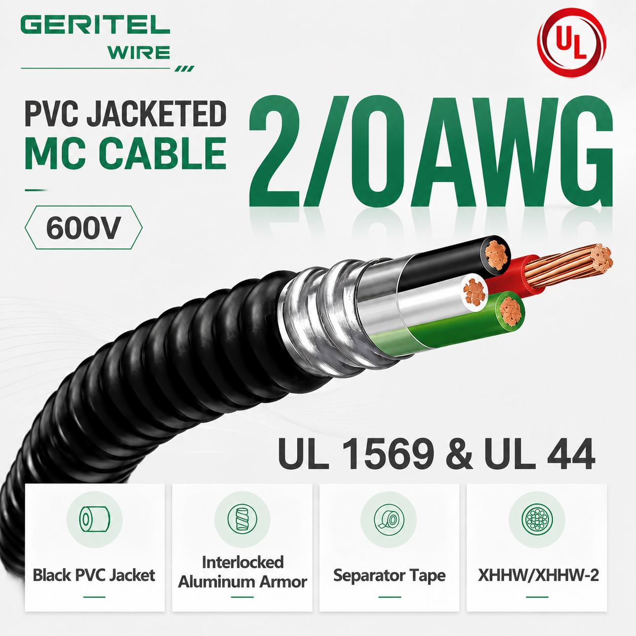 High Current 2/0 AWG 3 Core XHHW/XHHW-2 Insulated MC Cable for Outdoor Engineering