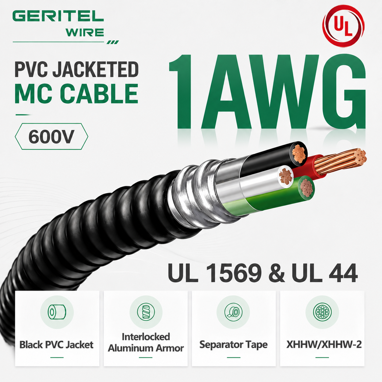1 AWG Copper Outdoor MC Cable with XHHW/XHHW-2 Insulation for Industrial Power