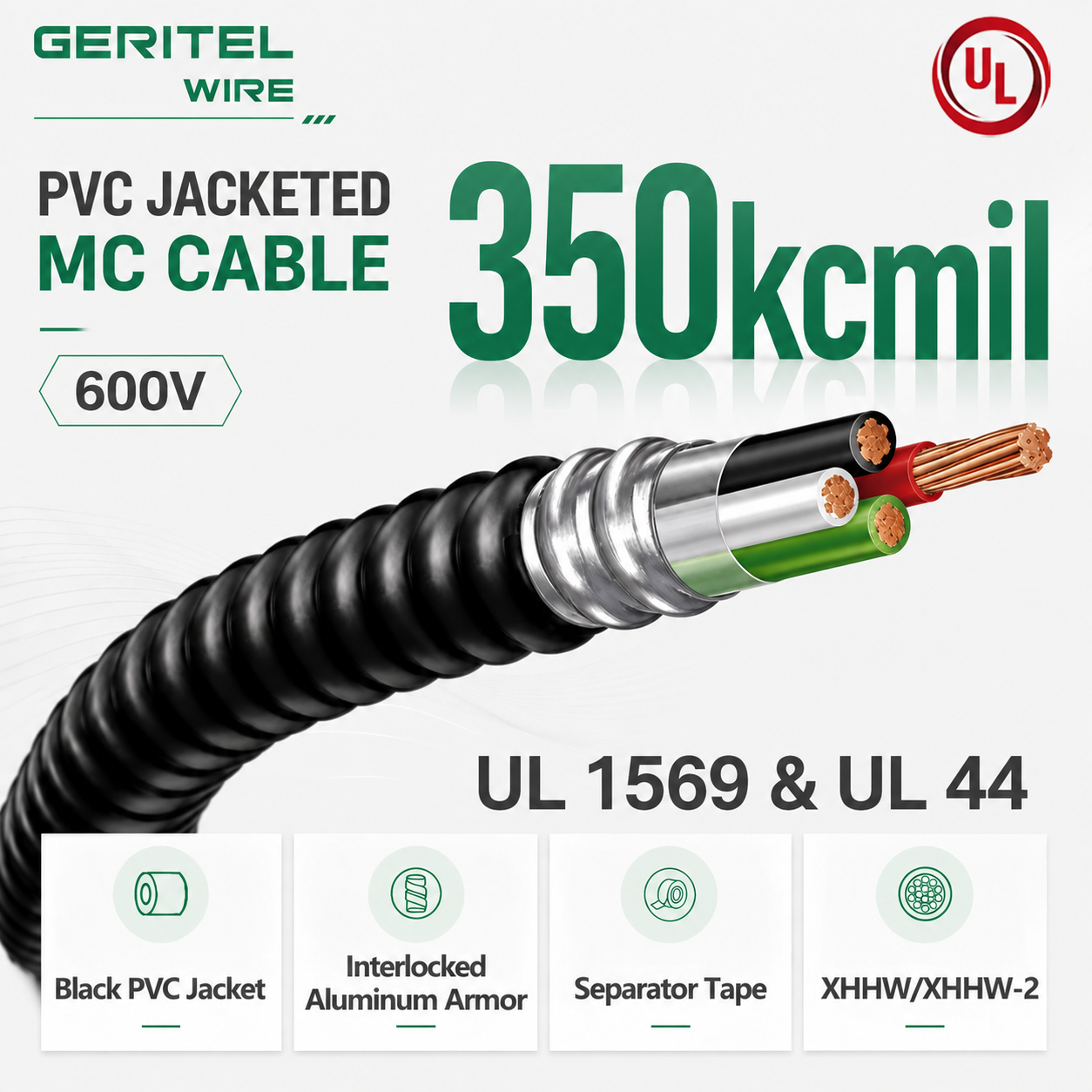 350kcmil 600V Black PVC Jacketed AIA MC Cable with XHHW/XHHW-2 – Heavy-Duty Power & Data Center Feeder