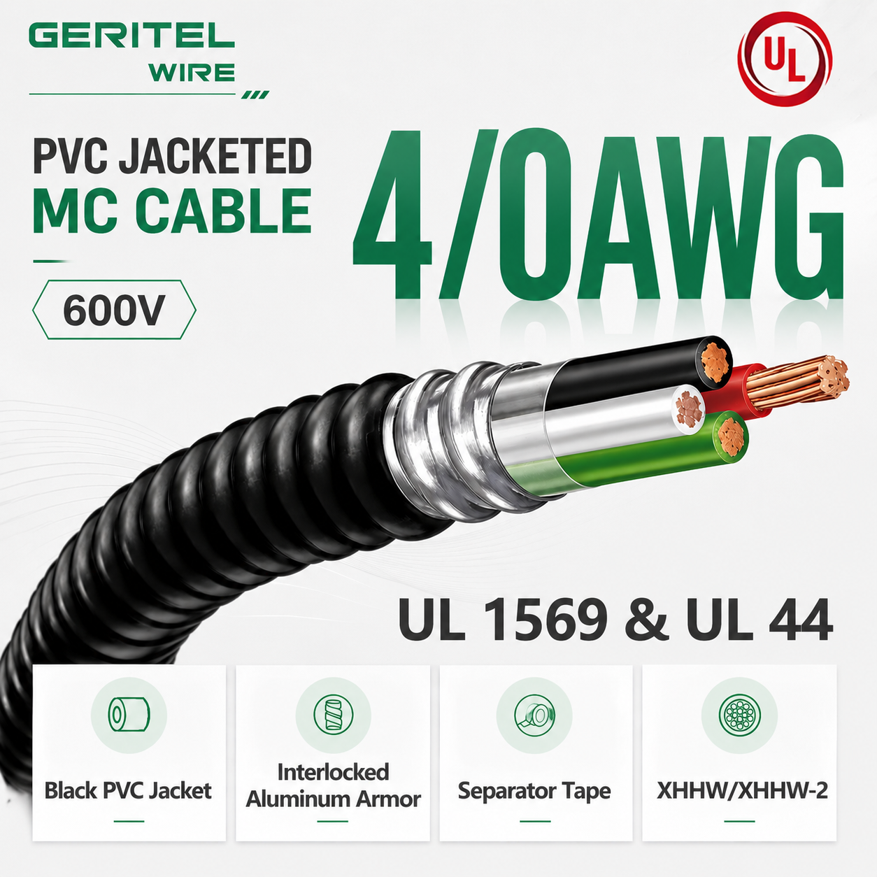 Large Venue Centralized Power Supply: 4/0 AWG 4 Core XHHW/XHHW-2 Insulated PVC Jacketed MC Cable