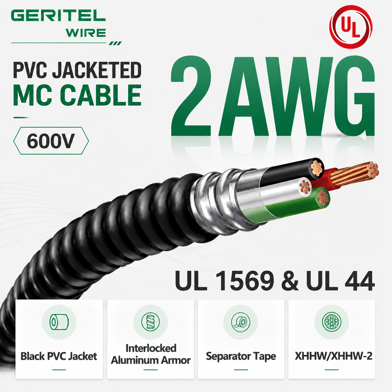 UL 1569 2 AWG Stranded Copper Power Distribution MC Cable