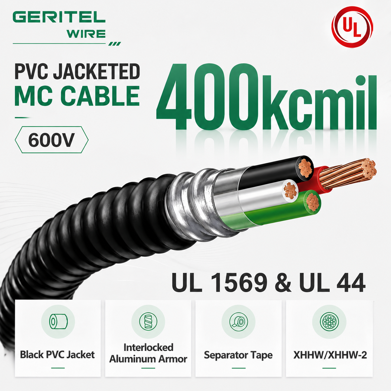 400kcmil 600V Black PVC AIA MC Cable with XHHW/XHHW-2 – Minimal Line Loss & Sustained Heavy Load Stability