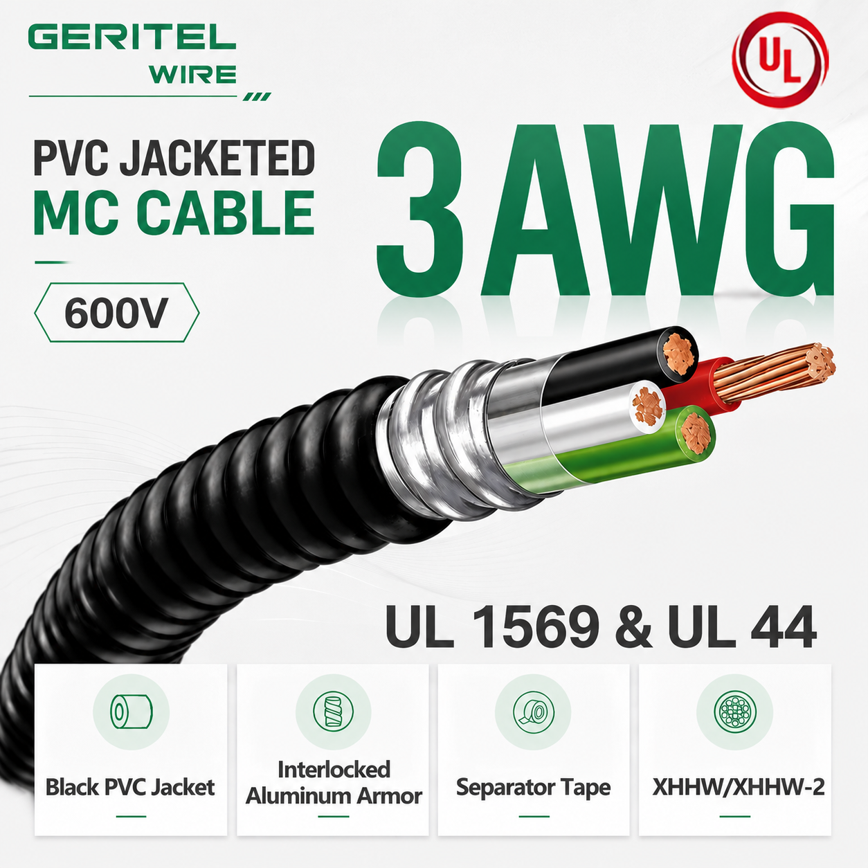 3 AWG Copper PVC Jacketed MC Cable for Commercial & Industrial Power Distribution