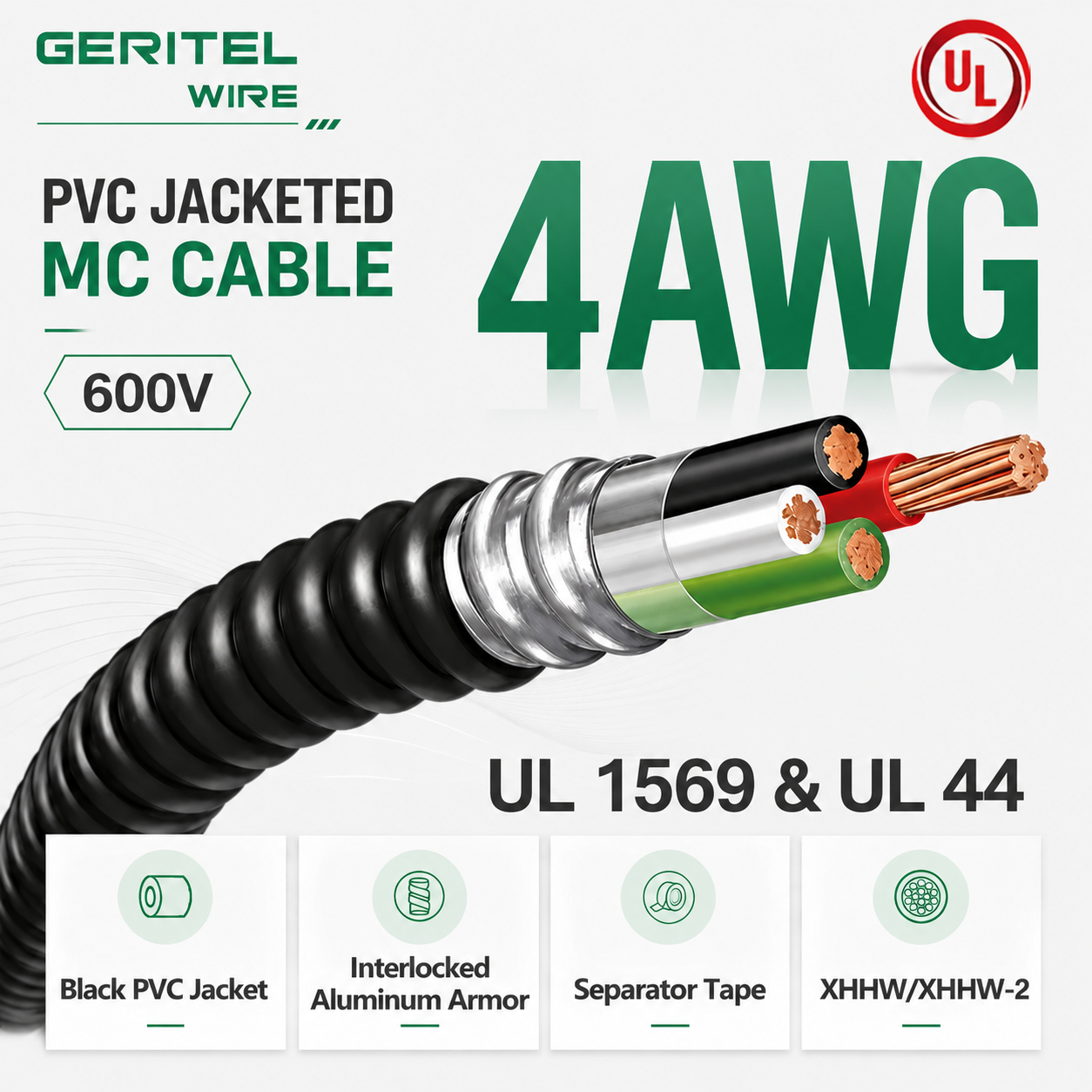 4 AWG Copper MC Cable with XHHW/XHHW-2 Insulation for Apartment & Townhouse Wiring