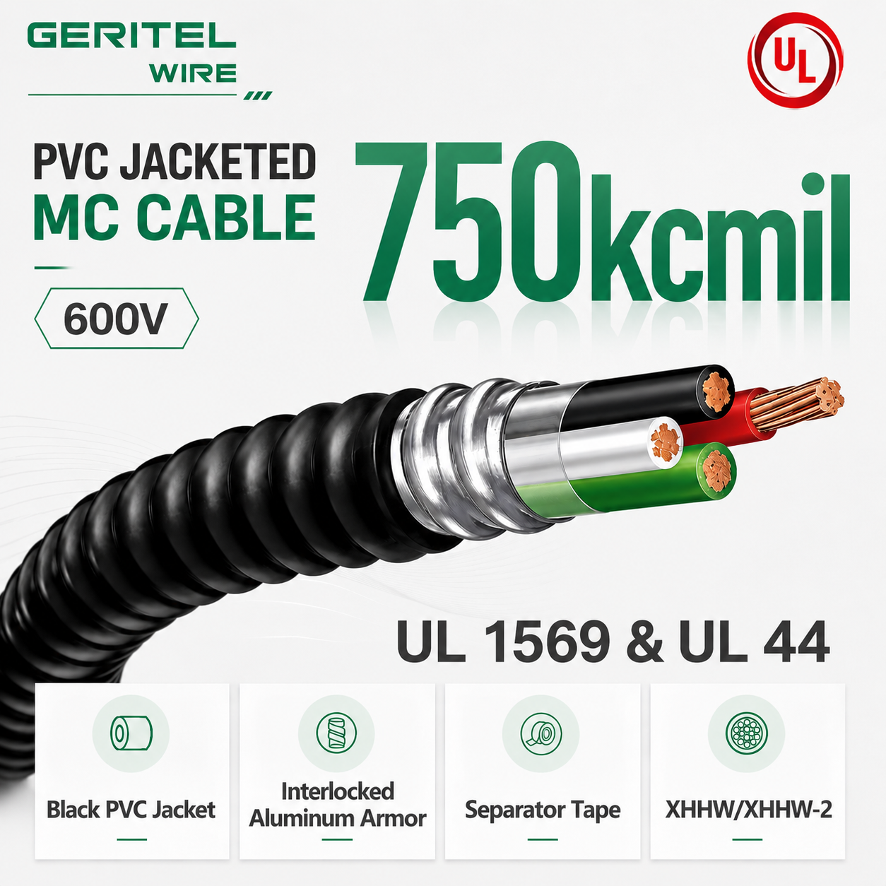 750 kcmil Copper MC Cable with XHHW/XHHW-2 Insulation for Main Feeder Distribution