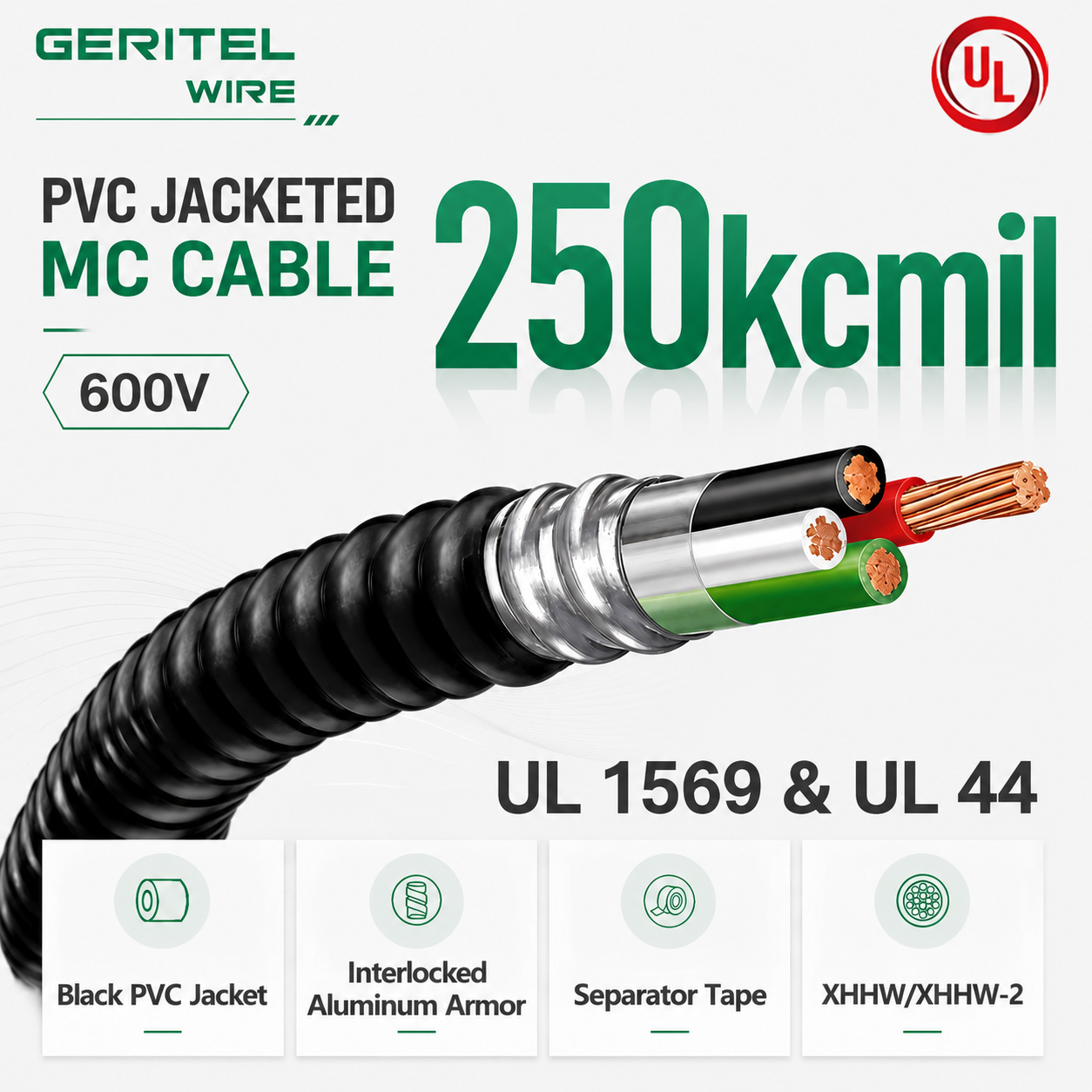 250kcmil Large Cross-Section 4/C XHHW/XHHW-2 MC Cable: PVC Jacketed Conductor for Power Engineering Main Lines