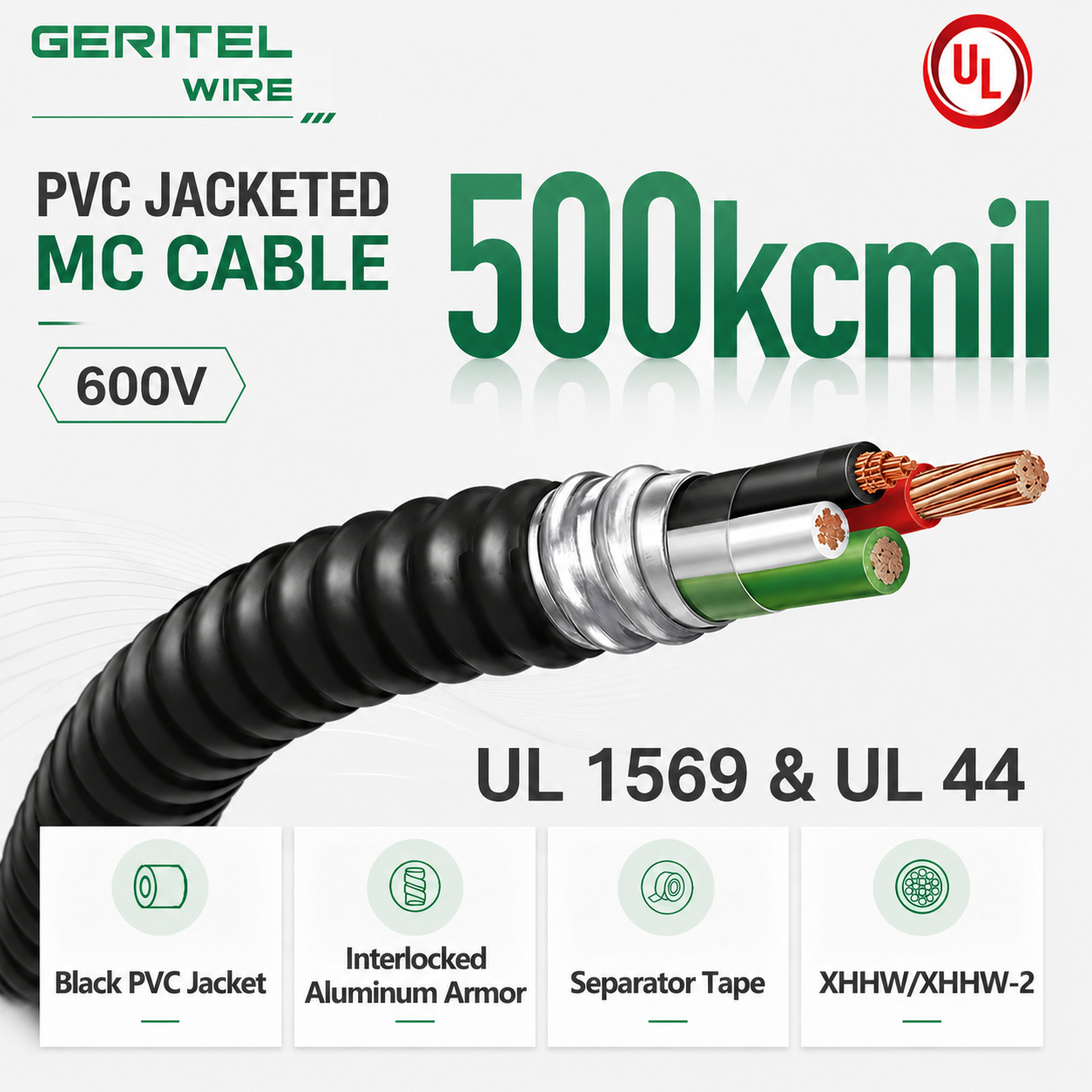 Ultra-High Ampacity & Main Grid Feeder – 500kcmil 600V Black PVC AIA MC Cable with XHHW/XHHW-2