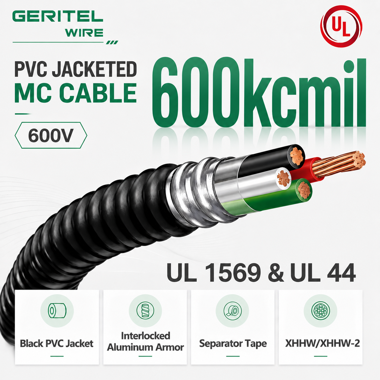 Stable Voltage Over Long Runs – 600kcmil 600V Black PVC AIA MC Cable with XHHW/XHHW-2