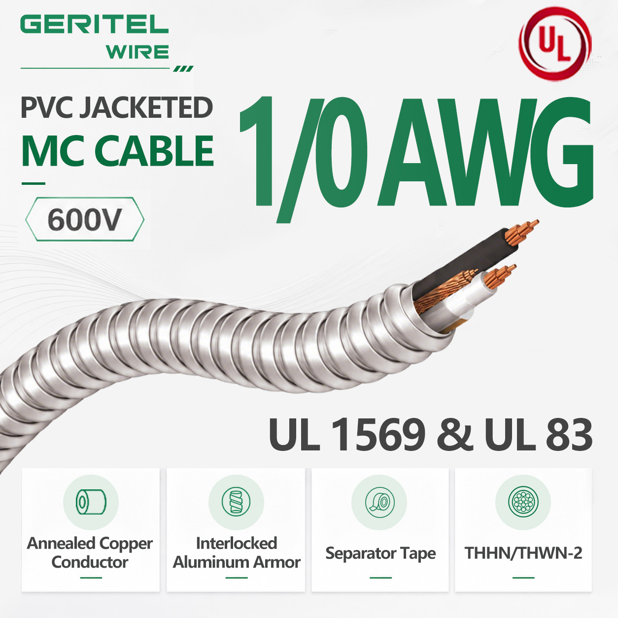 1/0 AWG 3/C THHN/THWN-2 PVC UL LISTED METAL CLAD CABLE FOR COMMERCIAL BUILDING INDOOR POWER DISTRIBUTION