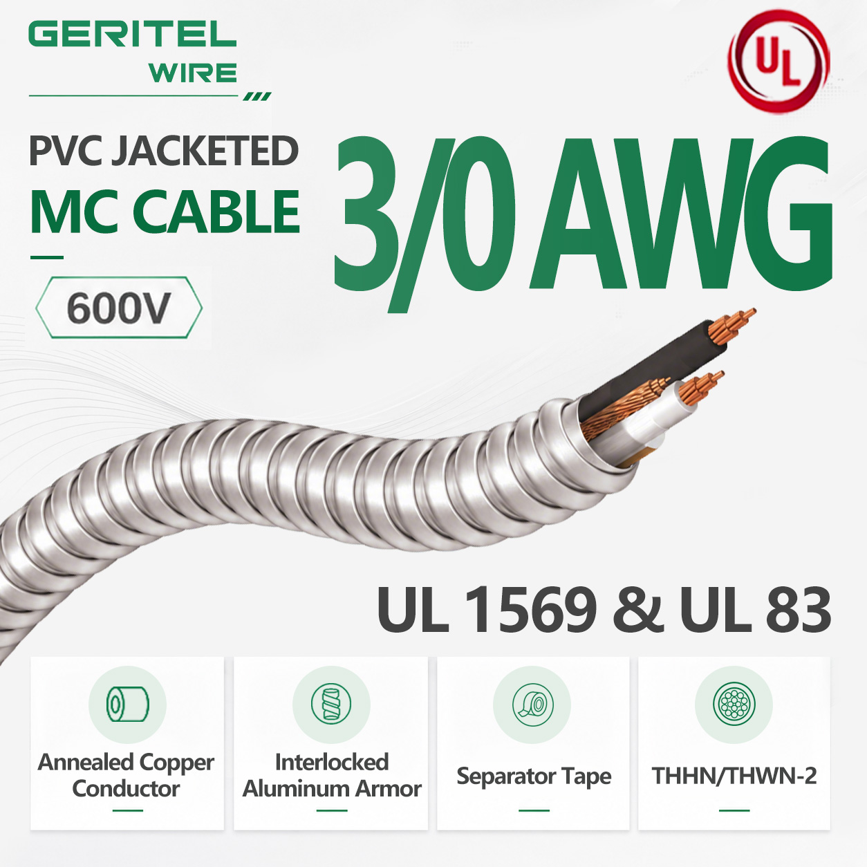 3/0 AWG 4/C THHN/THWN-2 PVC jacketed MC cable for Multi-Unit Commercial Equipment Power Supply