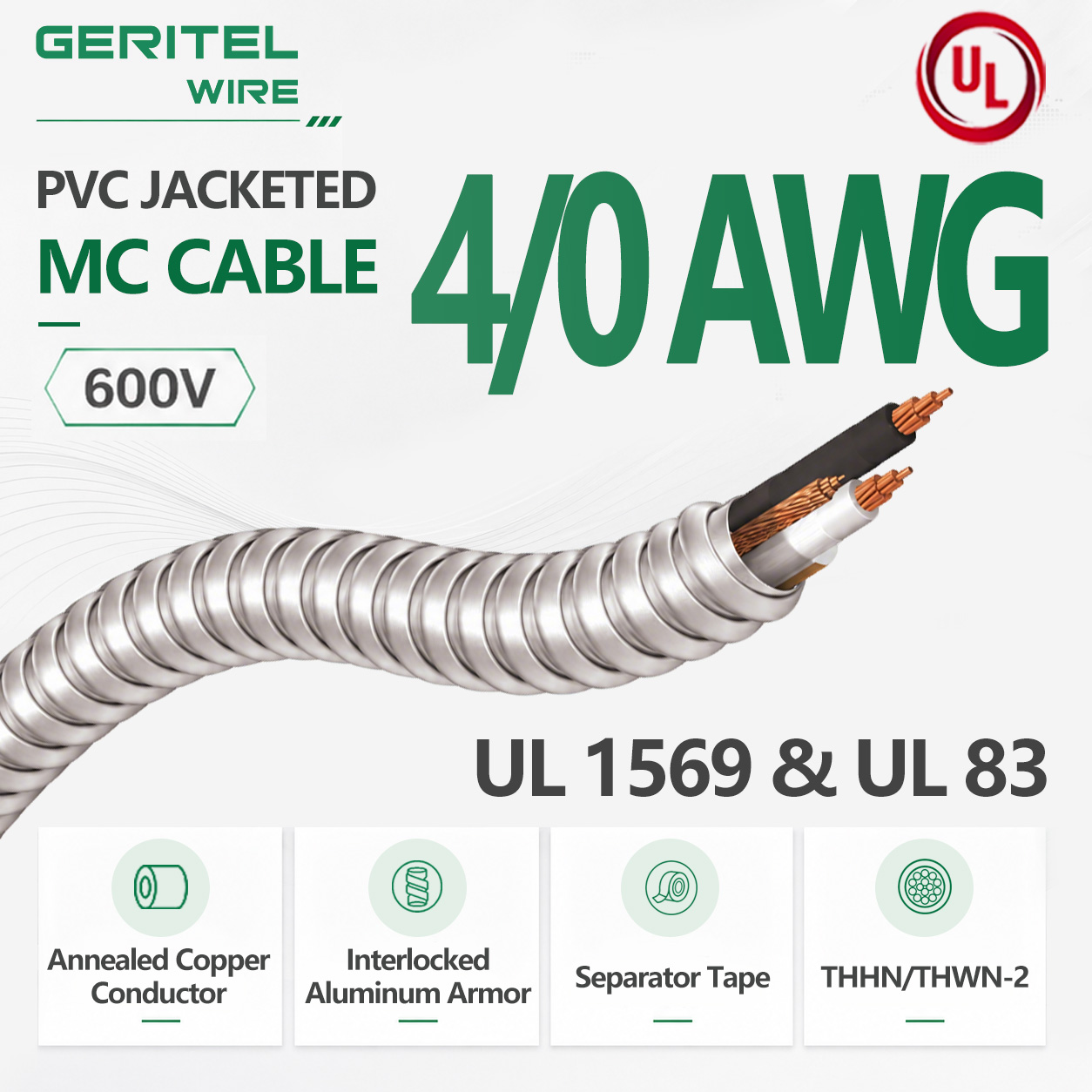 4/0 AWG 4/C TYPE MC THHN/THWN-2 AIA PVC 600V, UL 600V HEAVY-DUTY METAL CLAD CABLE FOR INDUSTRIAL HIGH-LOAD WIRING