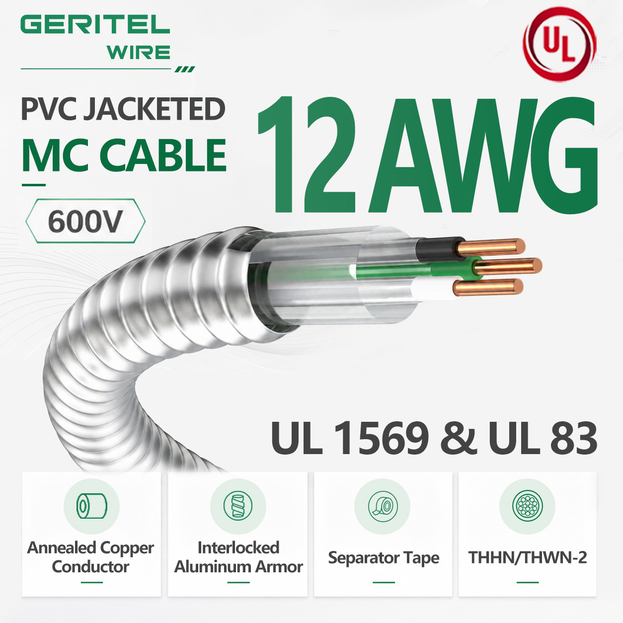 12 AWG 4/C THHN/THWN-2 PVC jacketed MC cable for Kitchen & Bathroom High-Safety Wiring