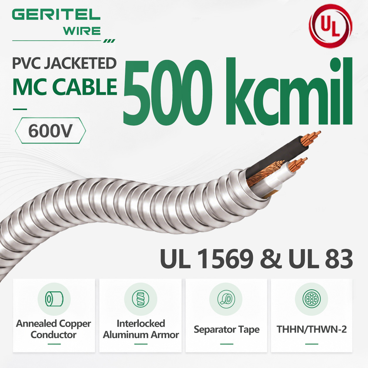 Workhorse for Heavy Industrial Feeders – 500 kcmil 600V Interlocked Aluminum MC Cable with THHN/THWN-2