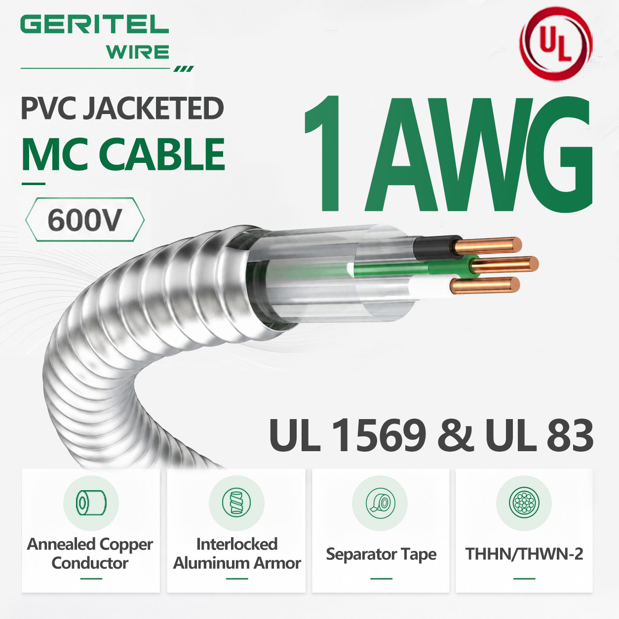 1 AWG Copper THHN/THWN-2 Insulated PVC Jacketed Metal Clad Cable (UL 1569)