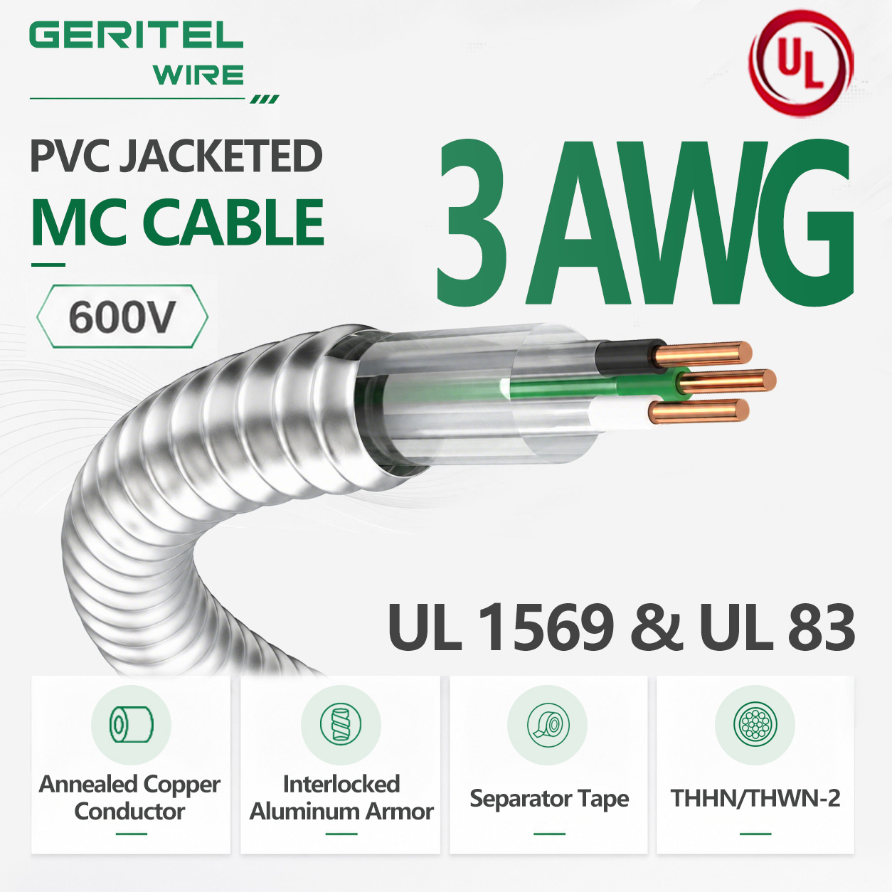 3 AWG THHN/THWN-2 Industrial MC Cable UL 1569 600V Copper Conductor