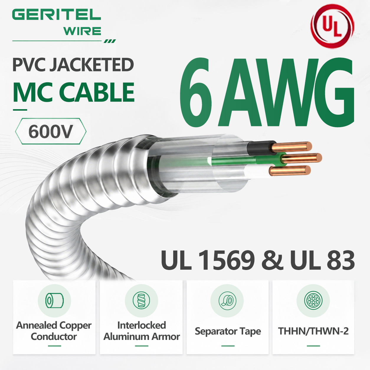 6 AWG THHN/THWN-2 MC Cable Copper Conductor for Branch Circuits 600V