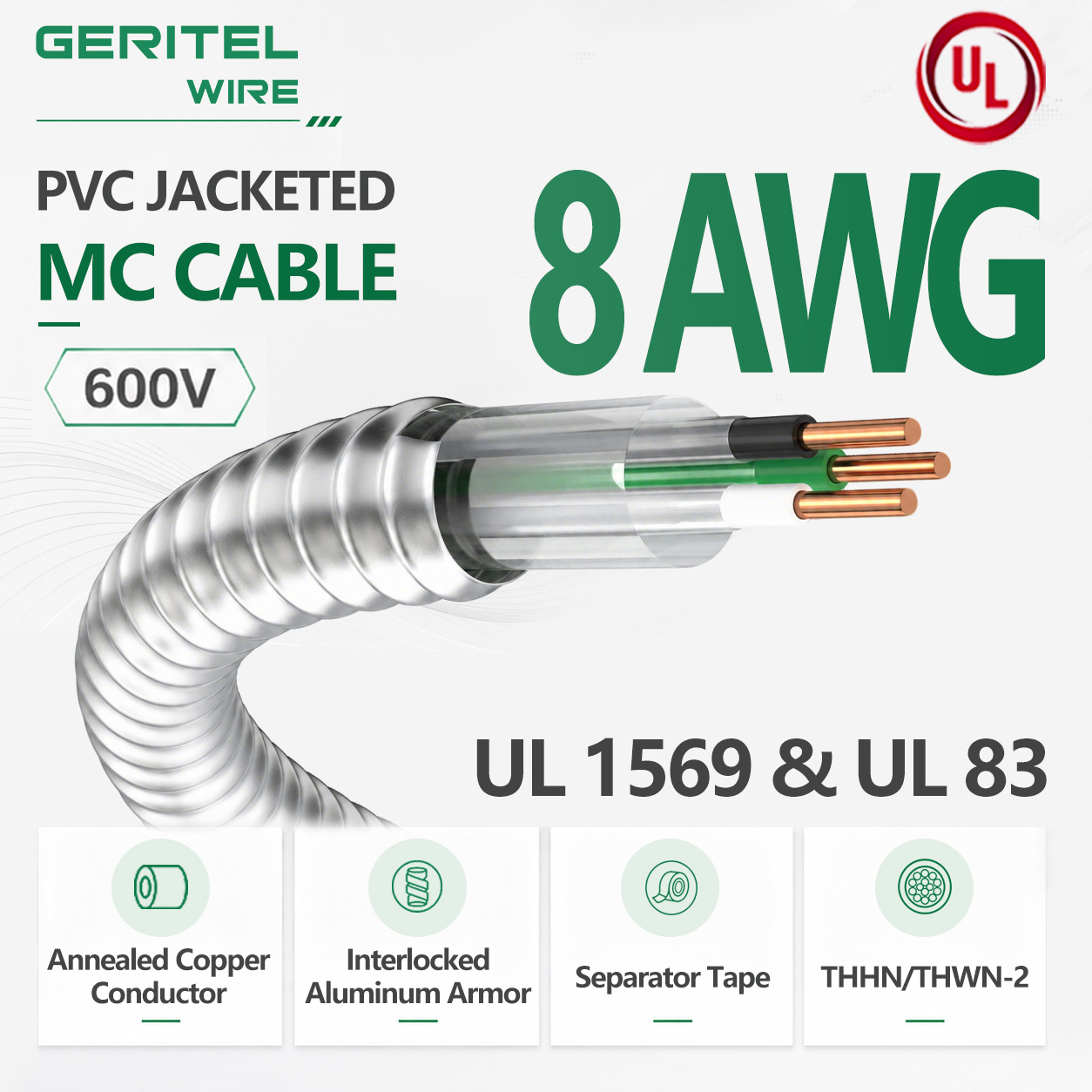 RoHS Approved 8 AWG Copper MC Cable THHN/THWN‑2 with Durable PVC Jacket