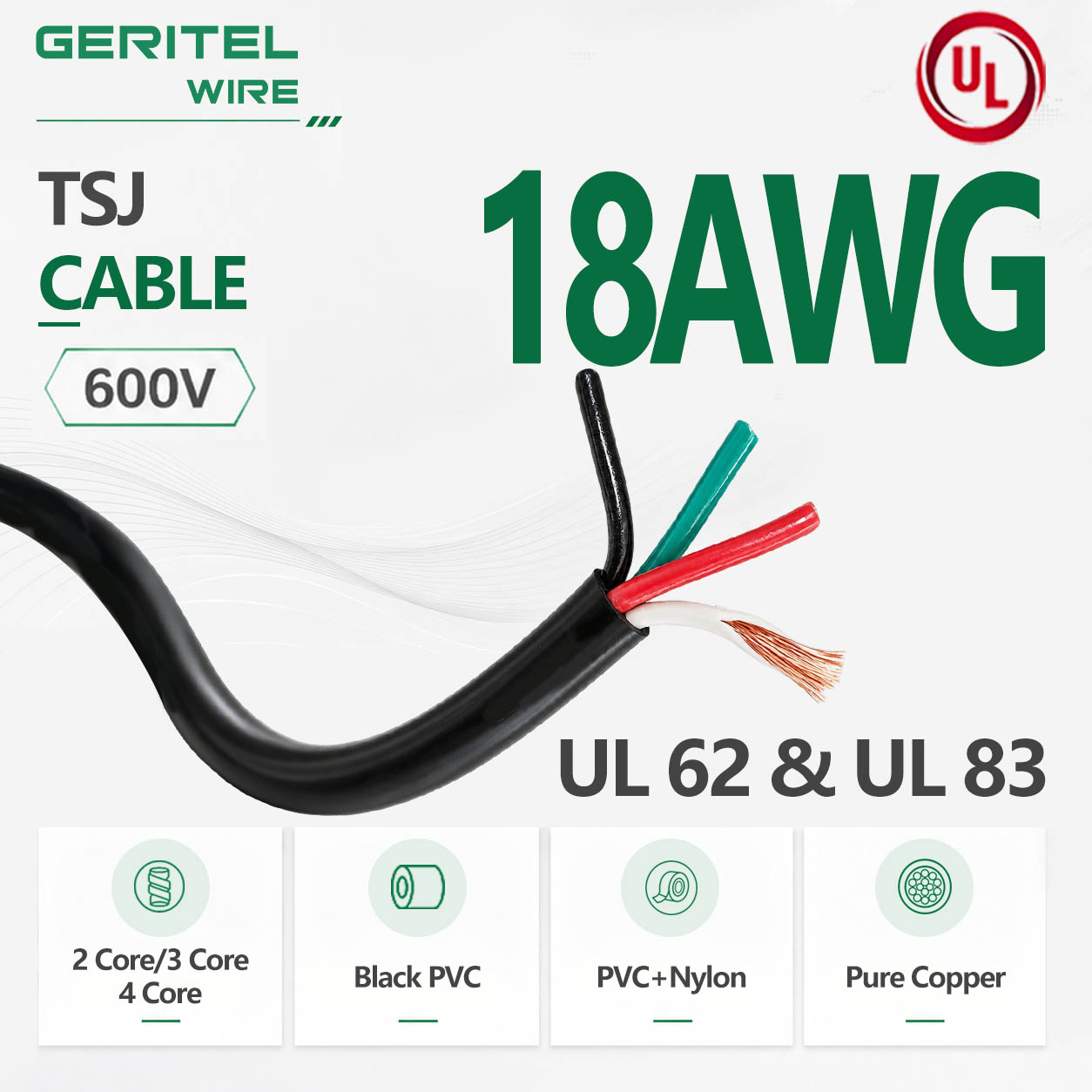 18AWG TSJ UL 83 THERMOPLASTIC INSULATED CABLE, LOW-CURRENT FLEXIBLE CABLE FOR LOW CONSUMPTION APPLIANCES
