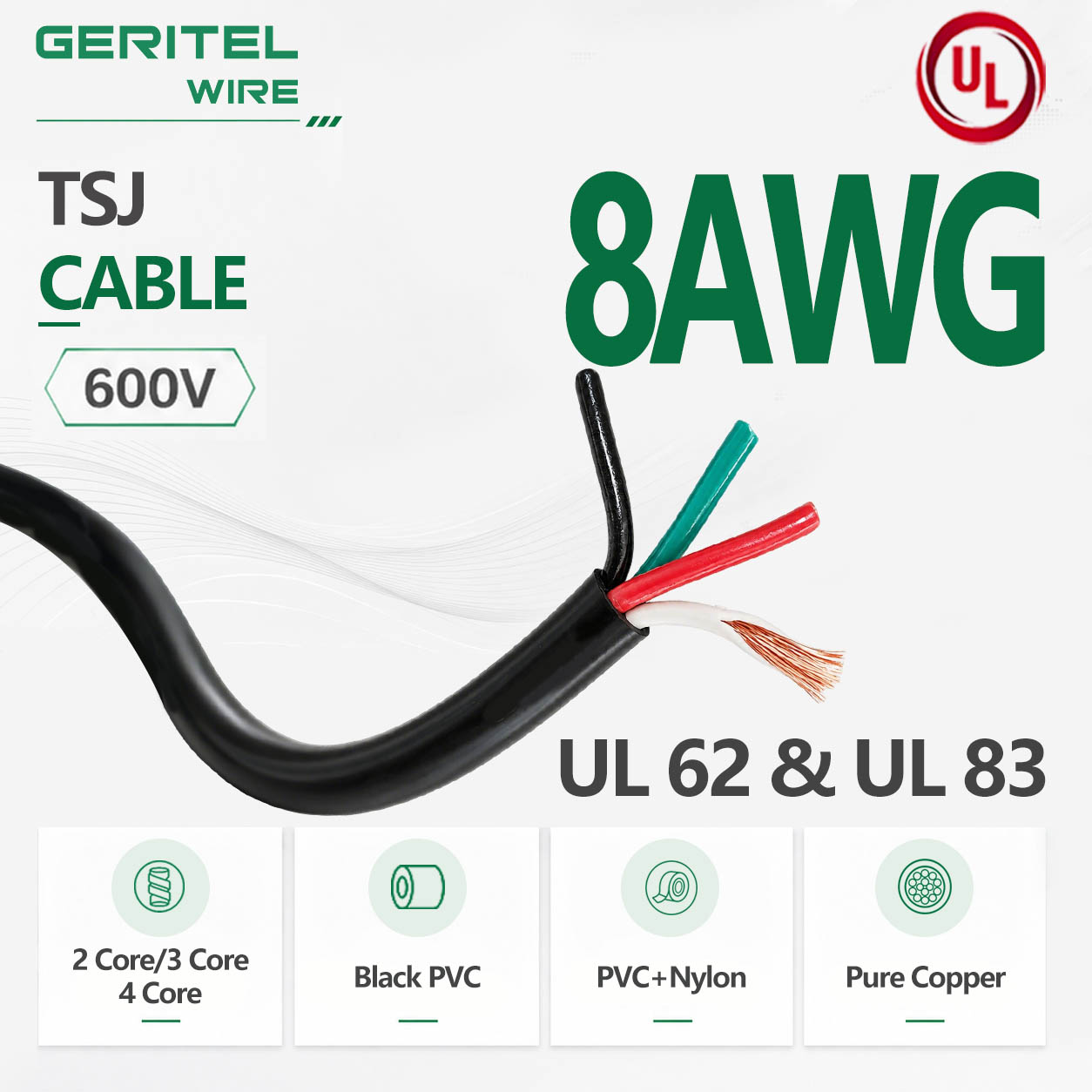 8 AWG TSJ-N Flexible Multi Conductor Cable, Stranded Annealed Copper, PVC Insulation with Nylon Sheath, 600V Weather Resistant for Extension Cords & Power Tools
