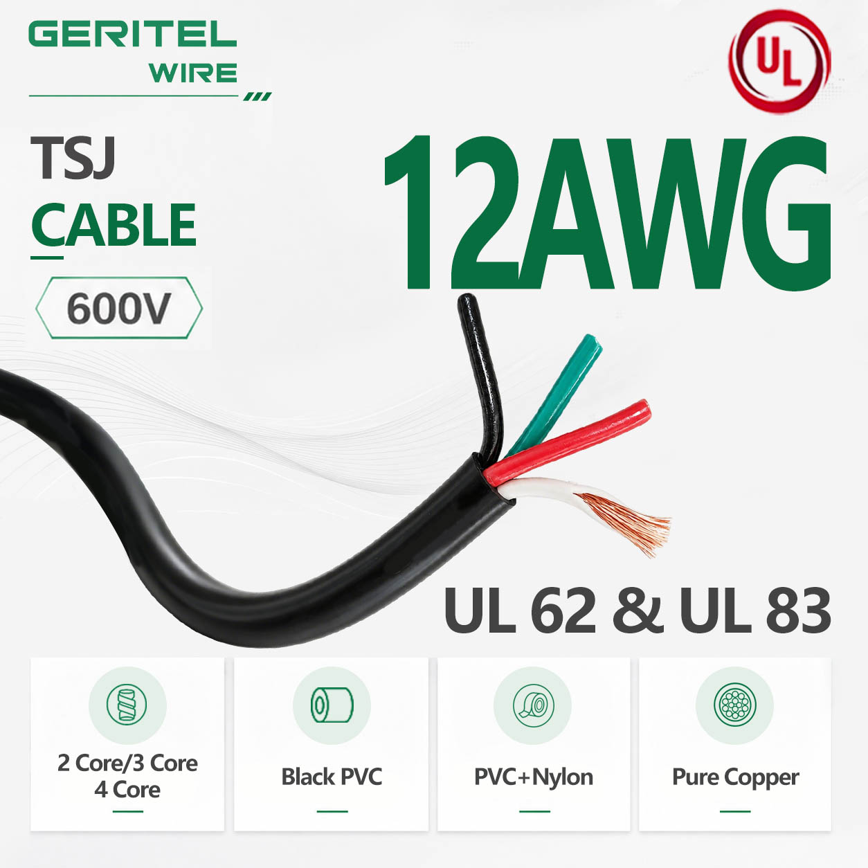 12 AWG 600V TSJ Cable – Black PVC+Nylon Insulated Pure Copper Portable Cord for Power Tools & Temporary Power Supply