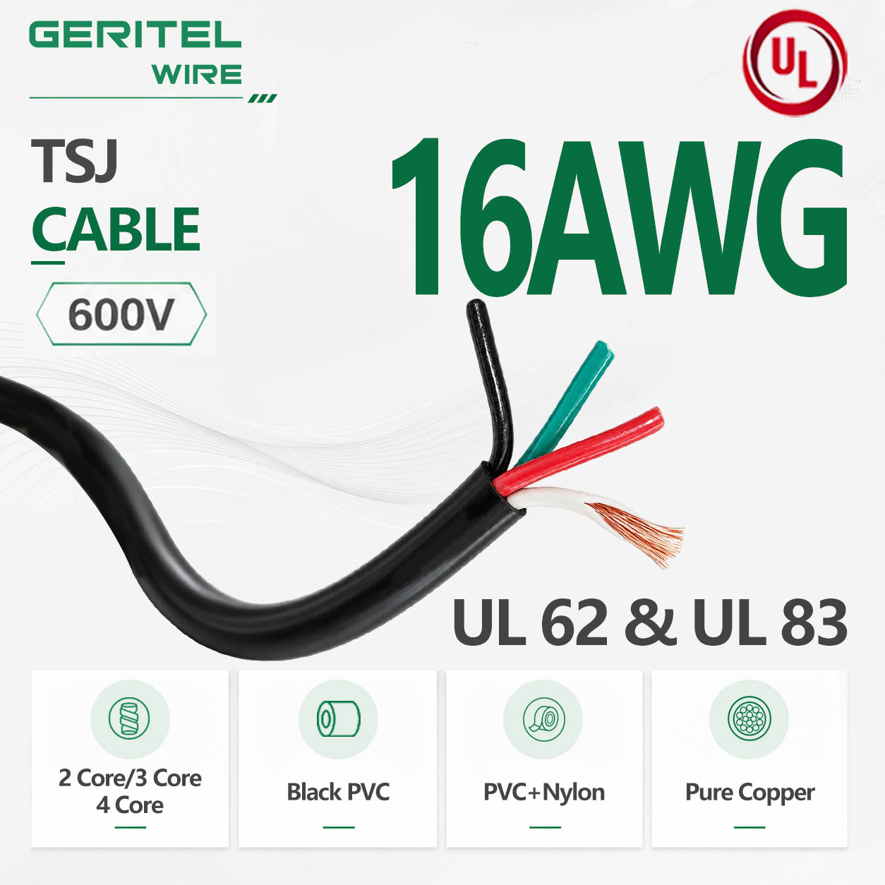 Light-Duty Portable Power – 16 AWG 600V TSJ Cable with PVC+Nylon Insulated Pure Copper Conductors