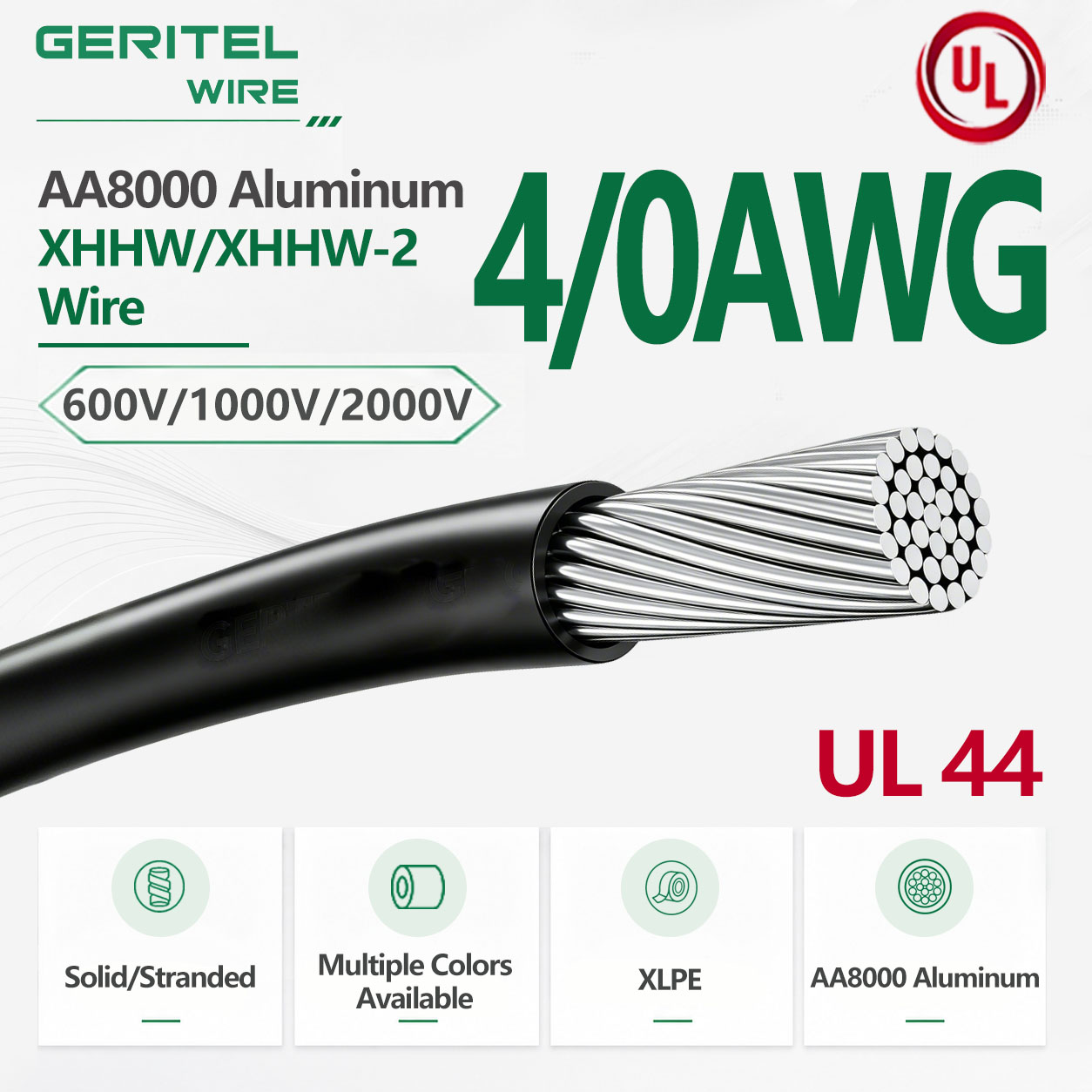 4/0 AWG UL44 Aluminum XHHW / XHHW-2 Wire AA8000 Aluminum Conductor RoHS Compliant 600V Building Wire for Feeders