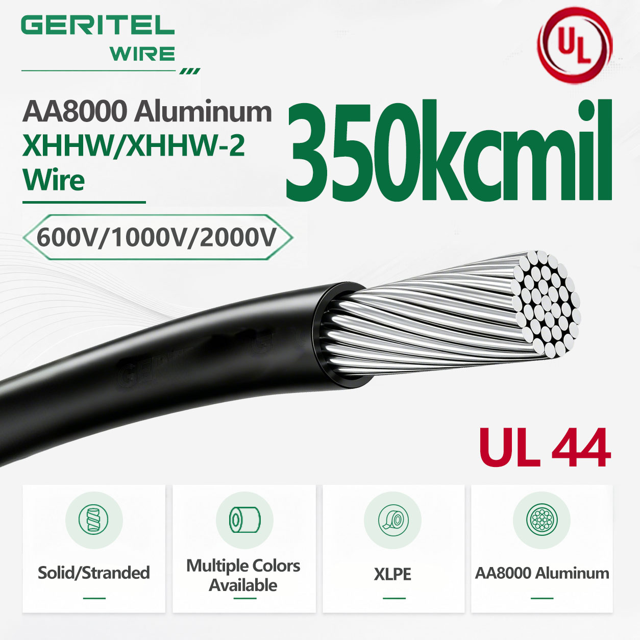 350 kcmil AA8000 Aluminum XHHW-2, 90°C Wet Dry XLPE Insulation UL44 Wire