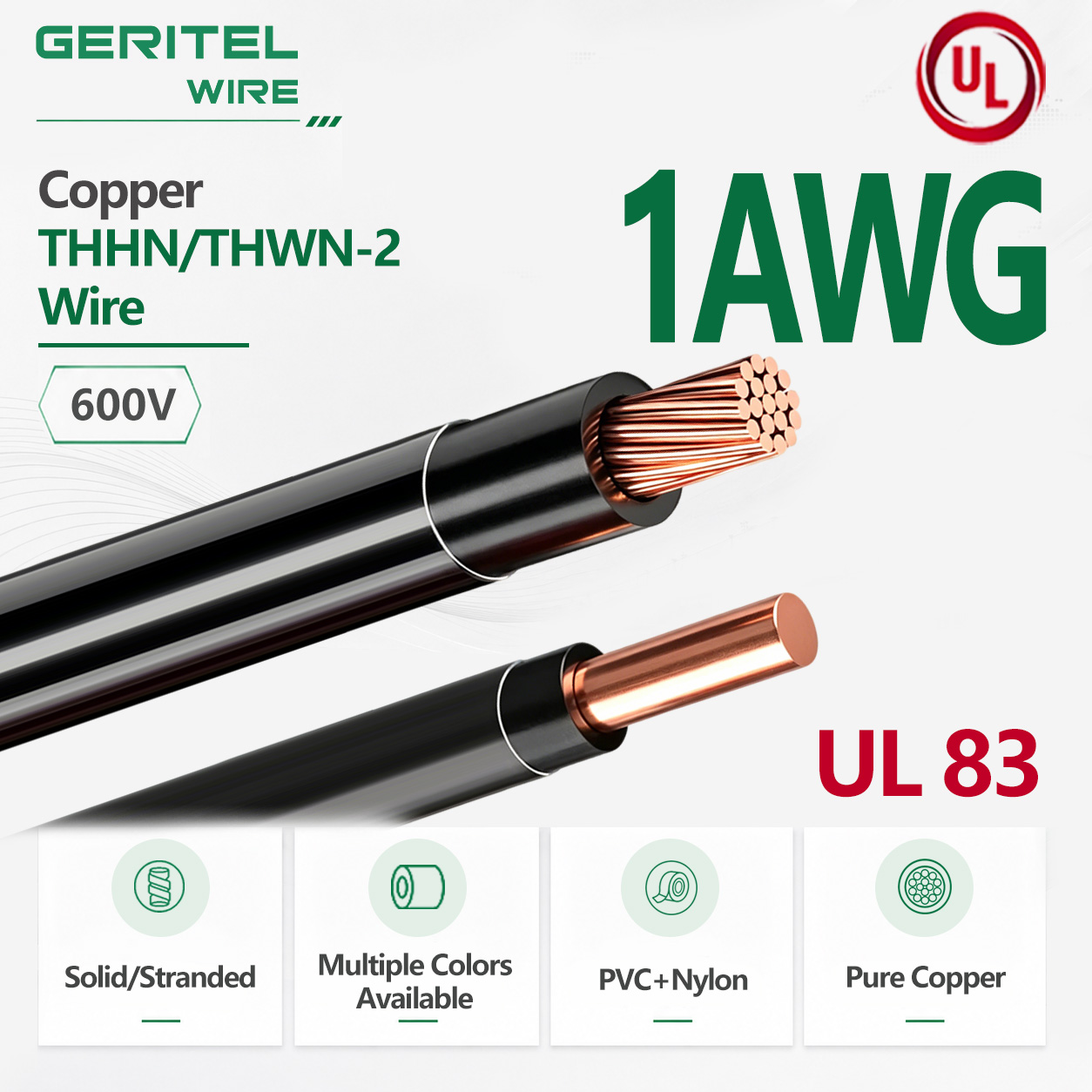 Compact 1 AWG Copper THHN/THWN‑2 Wire – Stranded/Solid for Branch and Feeder Circuits