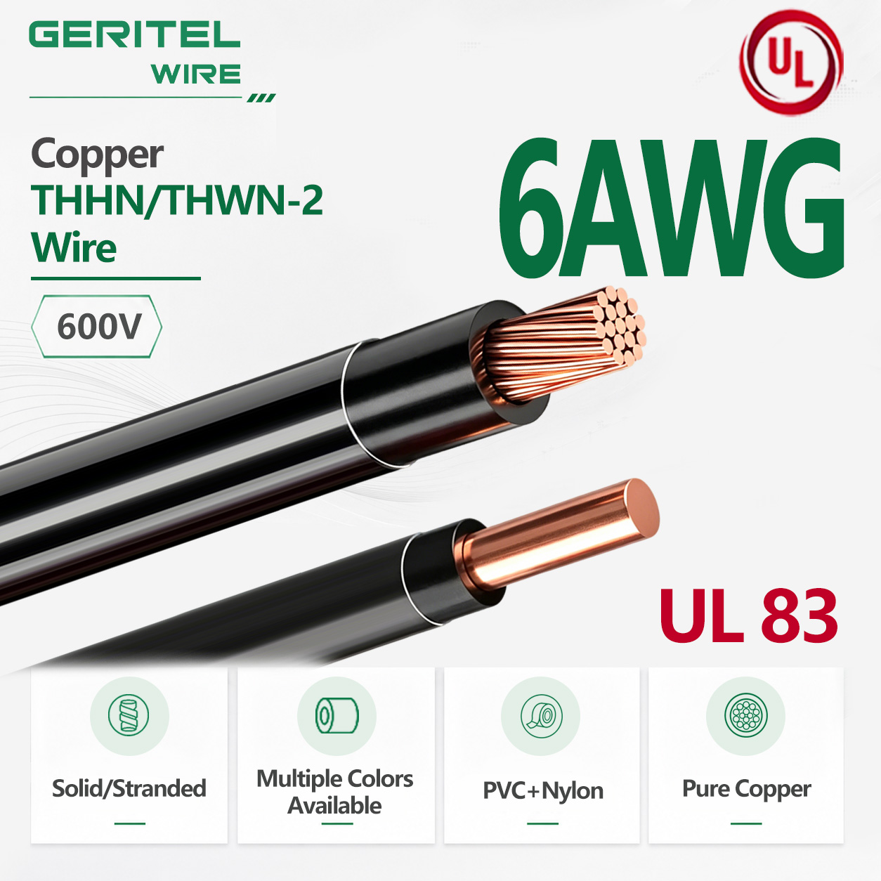6 AWG UL83 Copper THHN/THWN-2 Wire 600V Durable Jacket Solid Copper Conductor Wet Location Building Wire