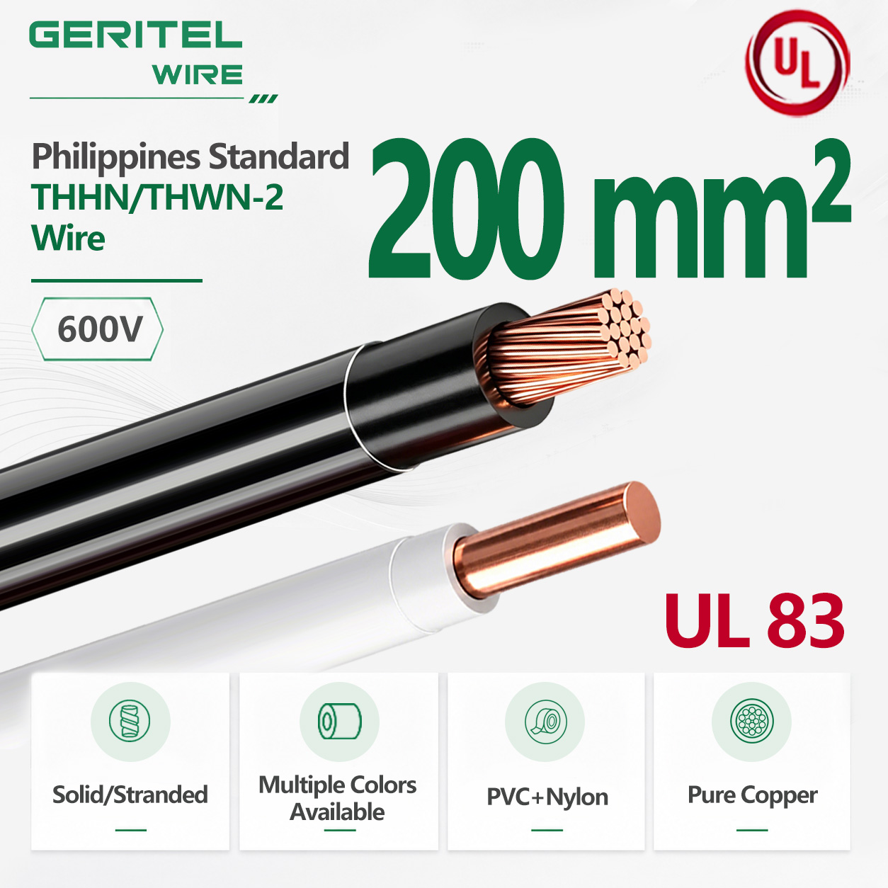 UL83 Certified 200 mm² Copper THHN/THWN‑2 Wire – Ideal for Feeders and Service Entrances